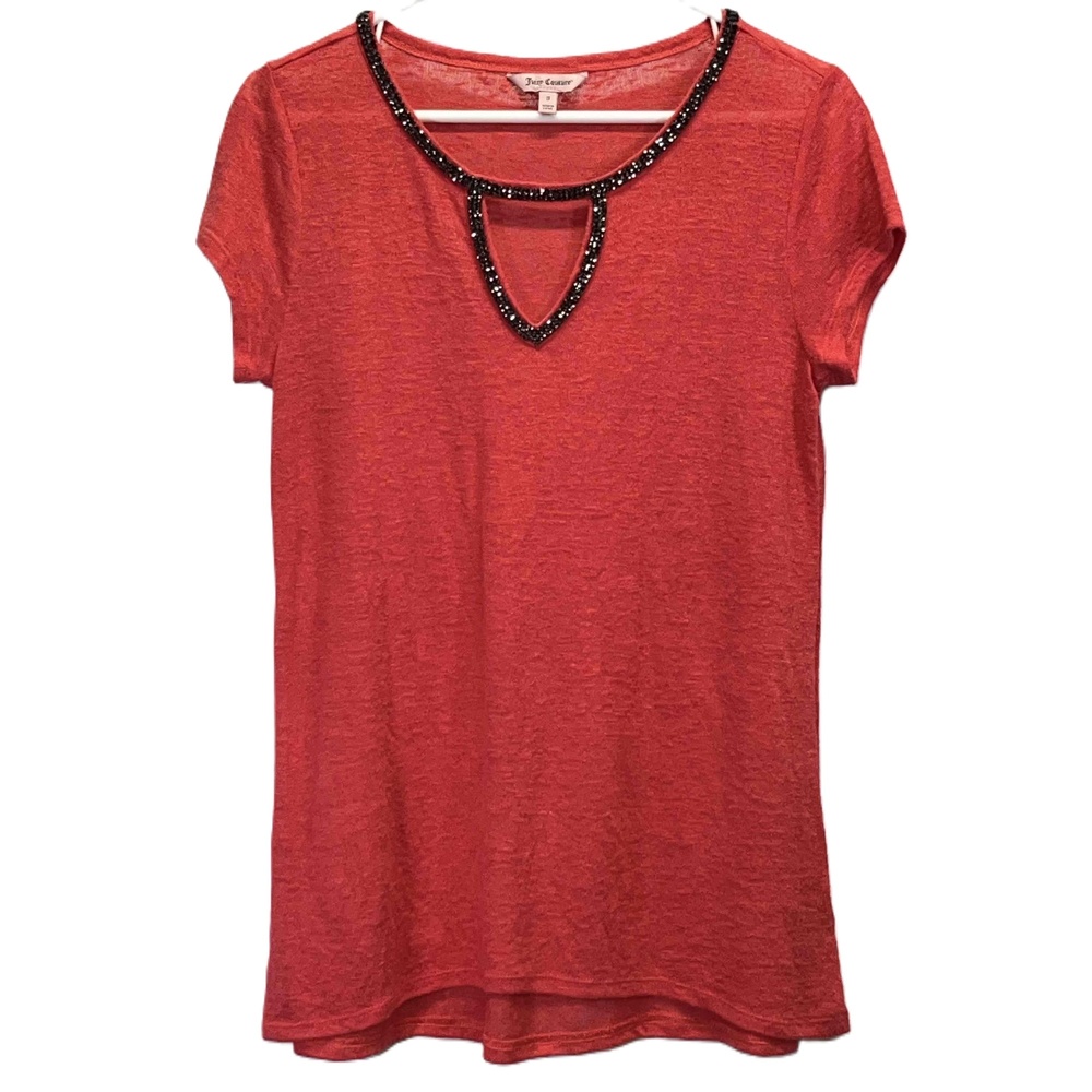 Juicy‎ Couture Orange/Red Womens Keyhole Neck Jeweled Cap Sleeve Blouse Small